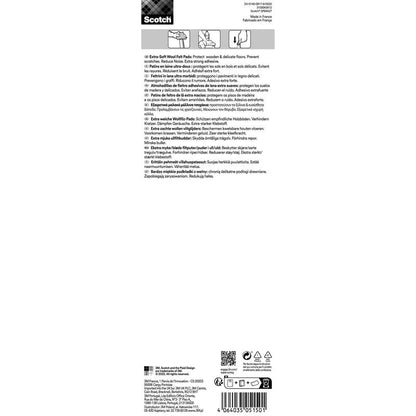 Een meertalig etiket voor Scotch® Extra zachte viltpads, zelfklevend, beige van 3M Deutschland GmbH beschrijft het gebruik voor de bescherming van houten en delicate vloeren, voor geluidsreductie en geeft een handleiding en productinformatie.