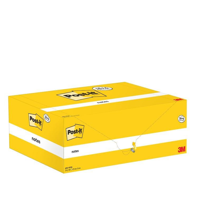 Een gele, rechthoekige doos van 3M Deutschland GmbH Post-it® Notes, 76x127mm, 100 vel per blok, met 16 blokken plus 4 gratis per verpakking, PEFC-gecertificeerd. De gesloten doos met opschrift is afgebeeld op een witte achtergrond.