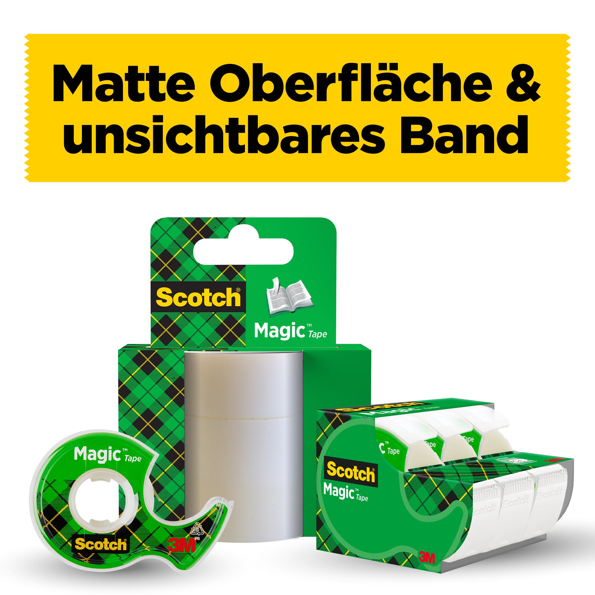 Abgebildet ist das Scotch® Magic™ Unsichtbares Klebeband von 3M Deutschland GmbH: 3 Rollen (19 mm x 25 m) plus 1 Handabroller gratis. Im Hintergrund steht auf gelbem Banner: "Matte Oberfläche & unsichtbares Klebeband.