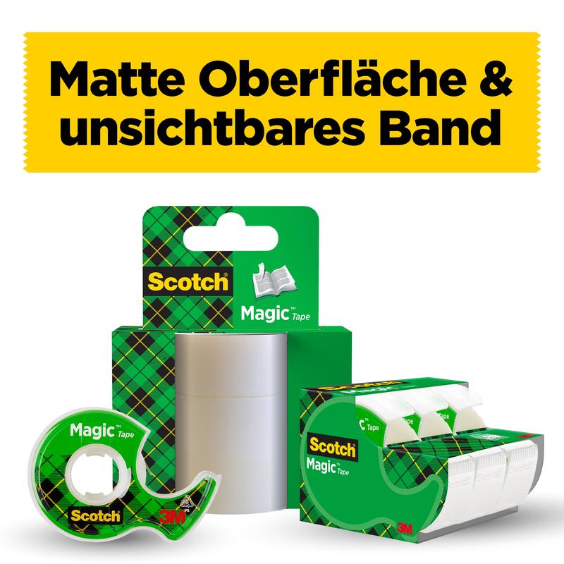 Een display met Scotch® Magic™ Onzichtbare Plakband van 3M Deutschland GmbH (2 rollen, 19 mm x 7,5 m + 1 gratis handdispenser), met een geel banner met de tekst "Mat oppervlak & onzichtbare tape."
