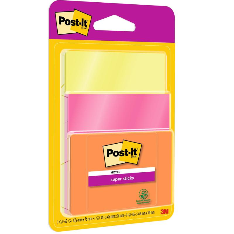 Een pak 3M Post-it® Super Sticky Notes (76x76 mm, 45 vel per blok, 3 blokken per verpakking) in verschillende kleuren, 100% PEFC-gecertificeerd (SGSCH-PEFC-COC-110078), in doorzichtige verpakking met het logo van 3M Deutschland GmbH.