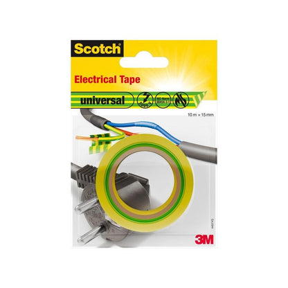 Een verpakking van Scotch® Isolatietape universeel (10 m x 15 mm) van 3M Deutschland GmbH, die een rol geel-groen plakband toont met afbeeldingen van elektrische draden en een stekker op de verpakking.