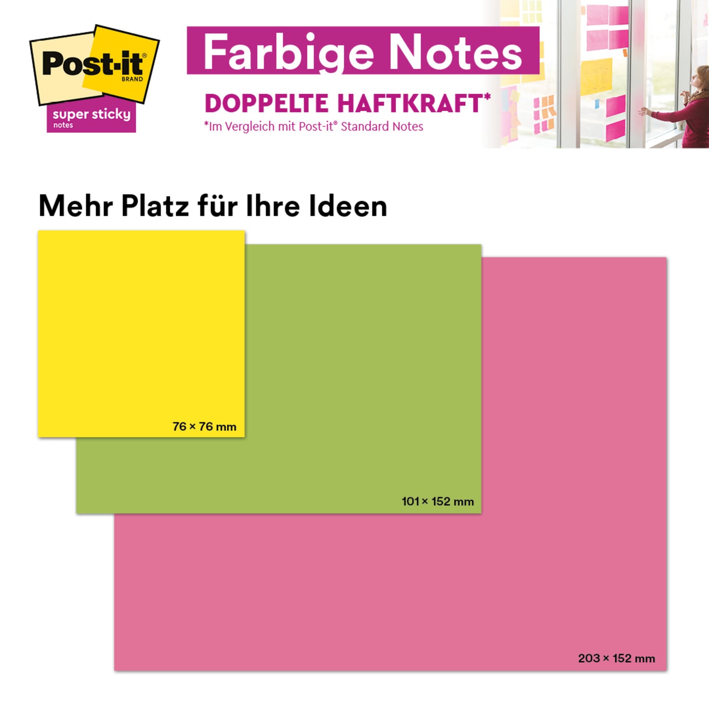 Een reclamebeeld voor de Post-it® Super Sticky Meeting Notes (203 mm x 153 mm, verschillende kleuren, 45 vellen/blok, 6 blokken, 100% PEFC) van 3M Deutschland GmbH toont hun veelzijdigheid en sterke kleefkracht op een raam.