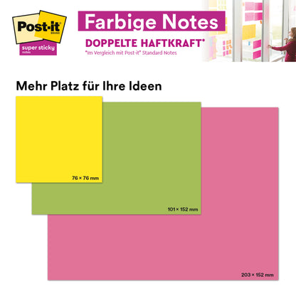 Drie Post-it® Super Sticky Meeting Notes (203 x 153 mm, verschillende kleuren, 70 vel/blok, 3 blokken/pkg) van 3M Deutschland GmbH worden getoond met "Meer ruimte voor uw ideeën" en "Dubbele kleefkracht". 100% PEFC-gecertificeerd.