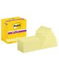 Links is een gele doos met 3M Post-it® Super Sticky Z-Notes (76x127 mm, 90 vel/blok, 12 blokken/verpakking, PEFC-gecertificeerd) afgebeeld, daarnaast liggen ongelinieerde rechthoekige briefjes.