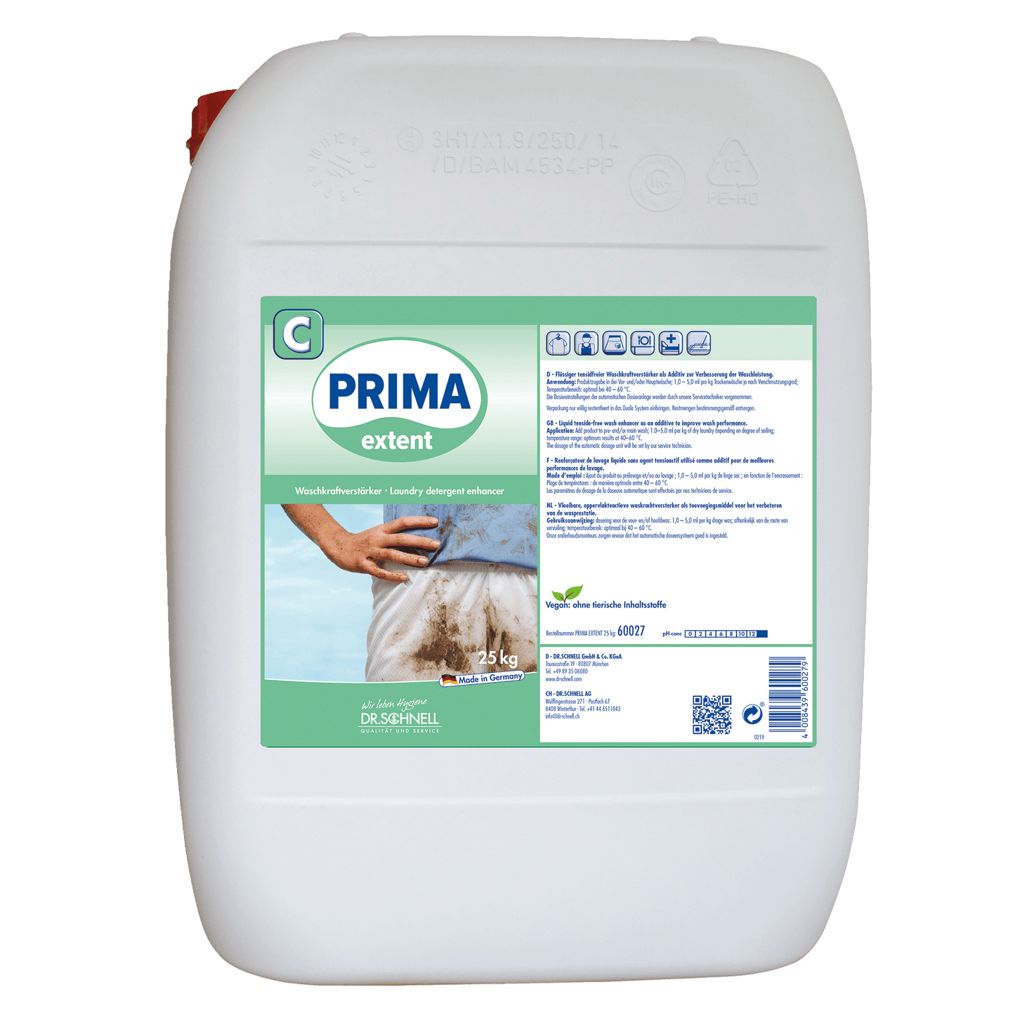Ein weißer Kunststoffbehälter mit 25 kg Dr. Schnell PRIMA EXTENT Waschmittelverstärker von DR.SCHNELL GmbH & Co. KGaA, entwickelt für die professionelle Reinigung, mit dem Bild eines schmutzigen Hemdes und mehrsprachigen Anweisungen auf dem Etikett.