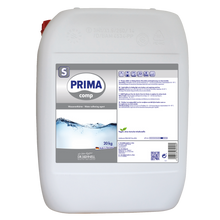 Ein 20 kg schwerer weißer Kunststoffkanister mit Griff und rotem Deckel, beschriftet mit "Dr. Schnell PRIMA COMP Flüssiger Komplexbildner für Wäschehygiene, DRS Dosierung" von DR.SCHNELL GmbH & Co. KGaA. Das Etikett enthält Text, Symbole, Barcode und QR-Code.