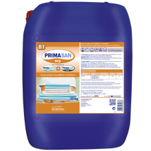 Ein großer blauer 20 kg Kunststoffbehälter mit der Aufschrift "Dr. Schnell PRIMA SAN OXY" der DR.SCHNELL GmbH & Co. KGaA, mit Produktangaben, Hygienehinweisen, Abbildungen von gefalteten Handtüchern auf dem Frontetikett, einer roten Kappe und der Verwendung als Desinfektionsmittel.