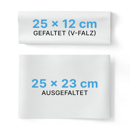 Abgebildet sind zwei ARNOMED PAPIERHANDTÜCHER (ARNOWA GmbH): einer gefaltet in V-Falz (25 × 12 cm), der andere ungefaltet (25 × 23 cm). Beide sind mit blauer und schwarzer Schrift versehen und damit ideal für Waschräume.
