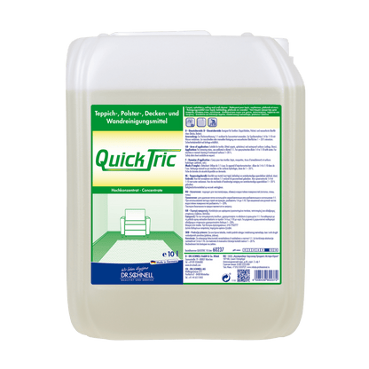 Ein 10-Liter-Kunststoffbehälter von Dr. Schnell QUICK TRIC von DR.SCHNELL GmbH & Co. KGaA, ein konzentriertes Reinigungsmittel für die professionelle Reinigung von Teppichen, Polstern, Decken und Wänden; das Etikett enthält Anweisungen und die Abbildung einer Couch und eines Teppichs.