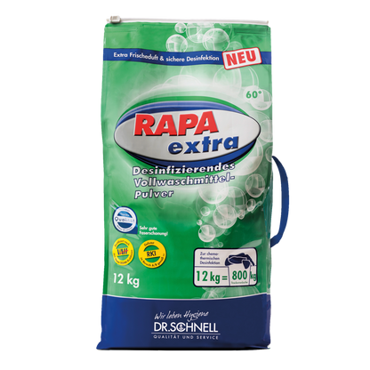 Abgebildet ist ein 12 kg Sack Dr. Schnell RAPA EXTRA Wäschedesinfektion manuelle Dosierung von DR.SCHNELL GmbH & Co. KGaA ist abgebildet. Die grüne Verpackung unterstreicht die Eignung für die professionelle Wäschedesinfektion durch manuelle Dosierung.
