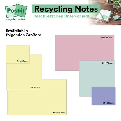 Post-it® Recycling Notes van 3M Deutschland GmbH in verschillende kleuren en vier maten (51x38, 76x76, 127x76, 127x102 mm) met een kantoorachtergrond. Tekst in het Duits. Maat: 76 x 127 mm, 100 vel/Blok, 100% PEFC.