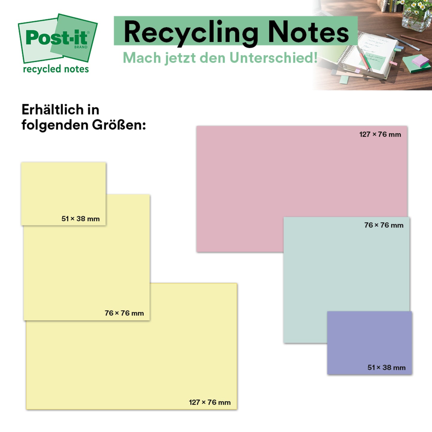 De tabel toont de beschikbare maten van de Post-it® Recycling Notes (38x51 mm, 76x76 mm, 127x76 mm) van 3M Deutschland GmbH. Gemaakt van 100% PEFC-gecertificeerd papier. De tekst in het Duits maakt reclame voor recycling en een andere benadering daarvan.