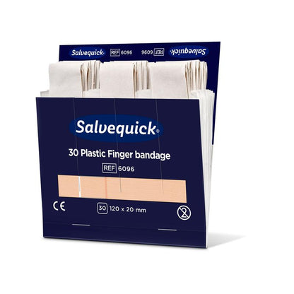 Eine Schachtel Orkla Wound Care AB Fingerbinde aus Kunststoff, 120 x 20 mm, 30 Stück, zeigt mehrere beigefarbene Fingerbinden in der offenen dunkelblauen Verpackung mit weißer und blauer Aufschrift. Die Packung enthält 6 Stück.