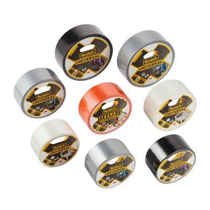 Acht rollen 3M Deutschland GmbH Scotch® Universal Klebeband 2904 (25 m x 48 mm) in de kleuren zwart, zilver, wit en oranje zijn op een witte ondergrond gerangschikt. Elke rol is gelabeld met "Universal" of "Tough".