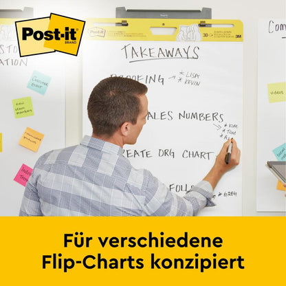 Een man in een geruit overhemd schrijft op een Post-it® Super Sticky zelfklevende vergaderblok/flipover voor wandmontage (58,4 x 50,8 cm, 20 vellen, 2 blokken) van 3M Deutschland GmbH, omringd door plaknotities en kaarten.