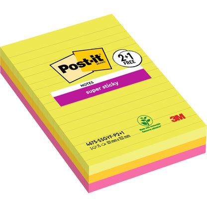 Een verpakking Post-it® Super Sticky Notes in groot formaat, 101 x 152 mm, gelinieerd, in verschillende kleuren. Bevat 3 blokken van elk 75 vellen (SGSCH-PEFC-COC-110078). Van 3M Nederland B.V., met PEFC-certificering.