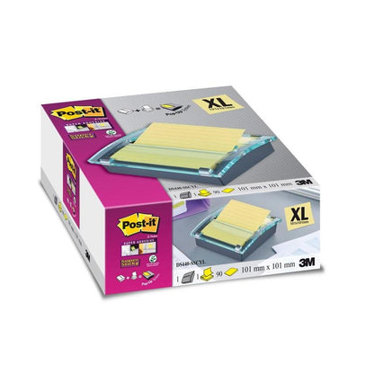 Een doos Post-it® Z-Notes Dispenser XL, zwart van 3M Deutschland GmbH met een Super Sticky gele, gelinieerde notitieblok (101 mm x 101 mm, 90 vel) toont productinformatie, branding en een afbeelding van de dispenser in gebruik.