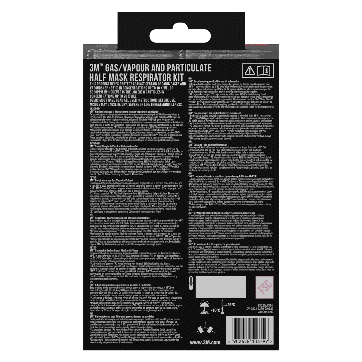 Auf der Rückseite des 3M™ Halbmasken-Gehäuses 6200 wiederverwendbar, mittelgroß | Packung (1 Stück) der 3M Deutschland GmbH befinden sich Sicherheitshinweise, Produktdetails und Barcodes in weißer Schrift auf schwarzem Hintergrund.