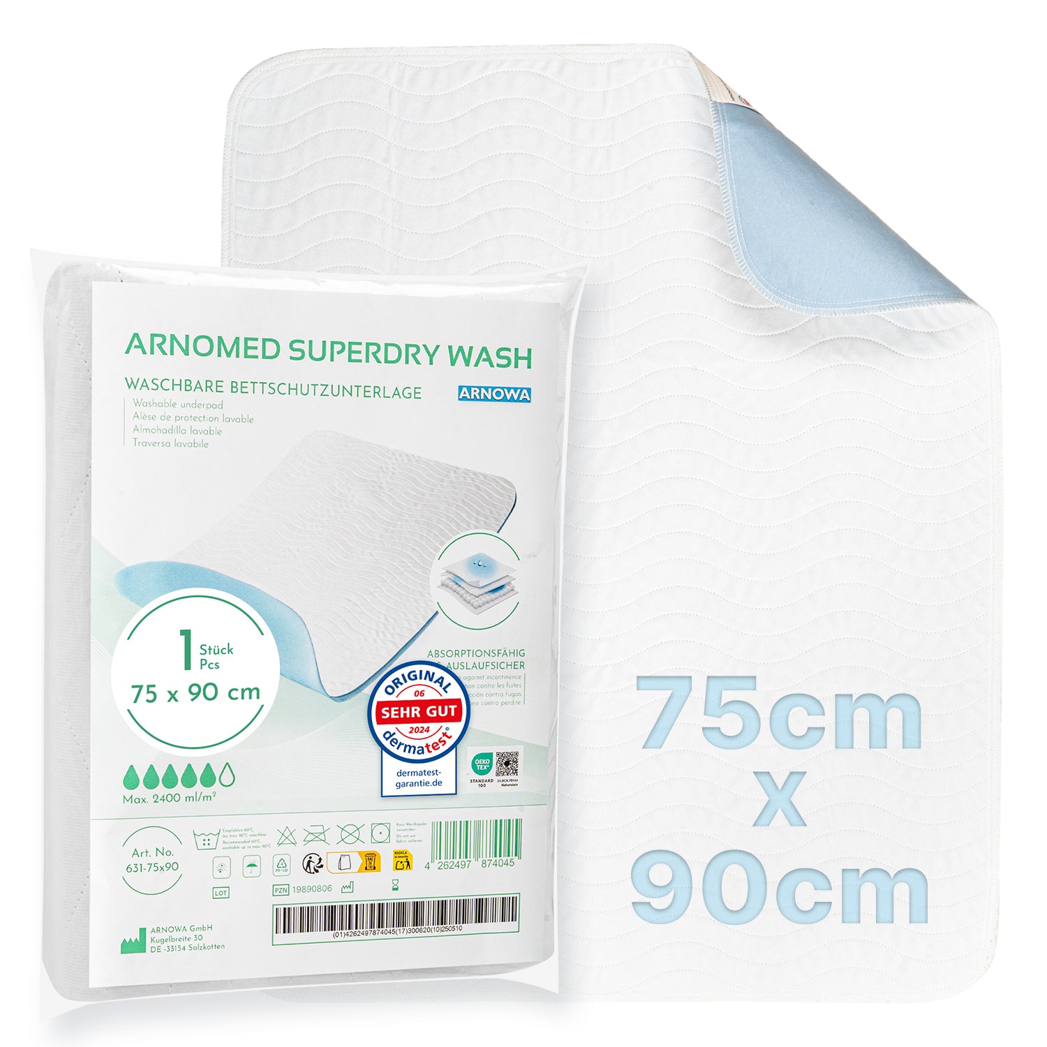 Gezeigt wird eine verpackte und ungefaltete ARNOMED SUPERDRY WASH WASCHBARE BETTSCHUTZUNTERLAGE der ARNOWA GmbH. Der weiße Block mit blauer Unterseite verwendet Superdry-Technologie, misst 75x90 cm und ist ideal für Inkontinenz per Verpackungstext.