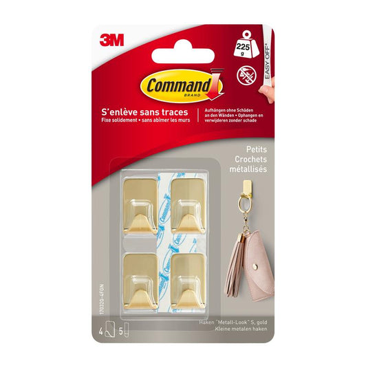 De Command™ metalen haak maat S in goudkleur (17032BR-4ES) van 3M Deutschland GmbH bevat 4 haken en 5 strips voor een beschadigingsvrije bevestiging – ideaal voor het ophangen van sleutelhangers en meer.
