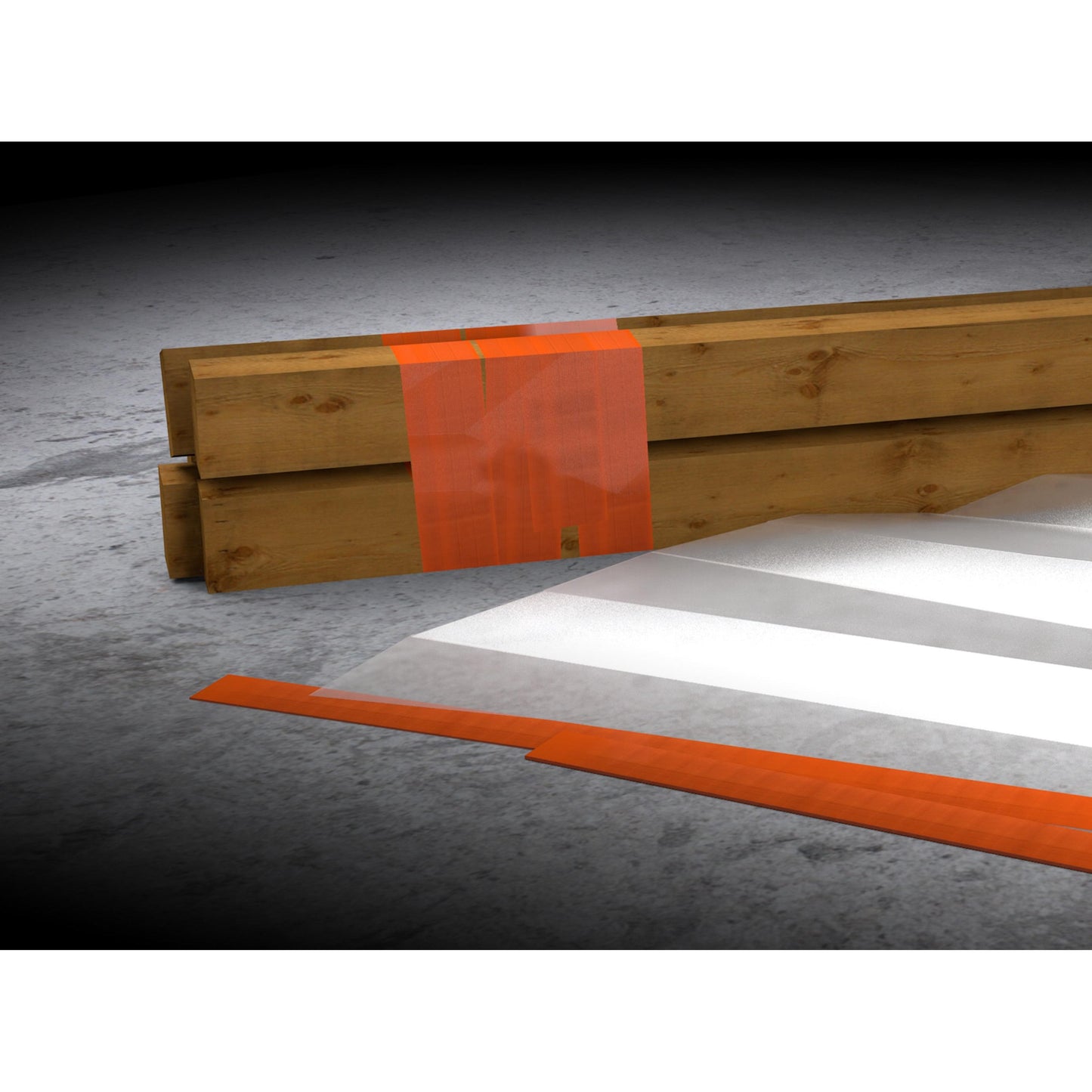 Drei Holzbretter sind mit dem Scotch® High Visibility Klebeband, orange, 25 m x 48 mm der 3M Deutschland GmbH gebündelt. Auf dem Betonboden davor liegen eine Platte aus klarem Kunststoff und ein weiteres Stück des orangen Klebebandes.