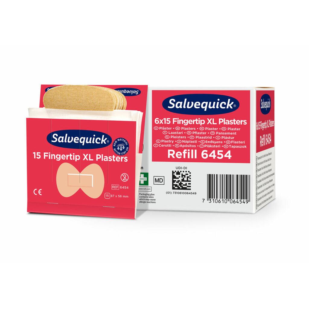 Afgebeeld zijn een doos en een geopende verpakking van Orkla Wound Care AB XL vingertopjes-textielpleisters, 15 stuks/mijn | verpakking (6 stuks). De wit-rode verpakking bevat productinformatie en afbeeldingen van deze flexibele pleister vingertopjes.