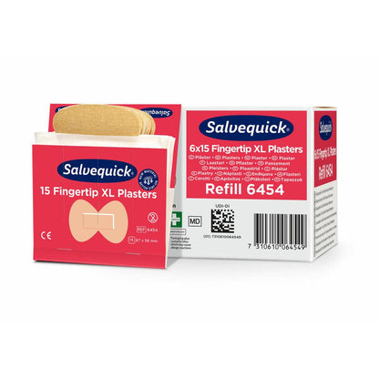 Afgebeeld zijn een doos en een geopende verpakking van Orkla Wound Care AB XL vingertopjes-textielpleisters, 15 stuks/mijn | verpakking (6 stuks). De wit-rode verpakking bevat productinformatie en afbeeldingen van deze flexibele pleister vingertopjes.