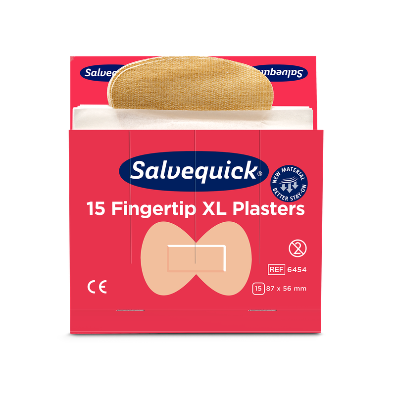 Een rode doos Orkla Wound Care AB XL vingertopjes textielpleisters, 15 stuks/mijn (6 stuks verpakking), met een gedeeltelijk verwijderd pleister. Op de verpakking staan het CE-keurmerk, de afmetingen en een afbeelding van de vingertopvorm afgebeeld.