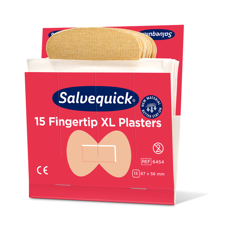 Een geopende doos van Orkla Wound Care AB XL vingertop textielpleisters, 15 stuks/mijn (verpakking met 6 stuks), toont beige pleister vingertopjes. De rode doos heeft een afmeting van 87 x 56 mm en benadrukt het flexibele ontwerp van het textielpleister.