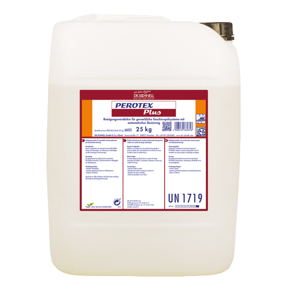 Ein weißer 25 kg Kunststoffbehälter der DR.SCHNELL GmbH & Co. KGaA PEROTEX PLUS Geschirrreiniger für gewerbliche Spülmaschinen ist mit einem rot-weißen deutschen Etikett mit Details und einem schwarzen Schraubverschluss versehen.