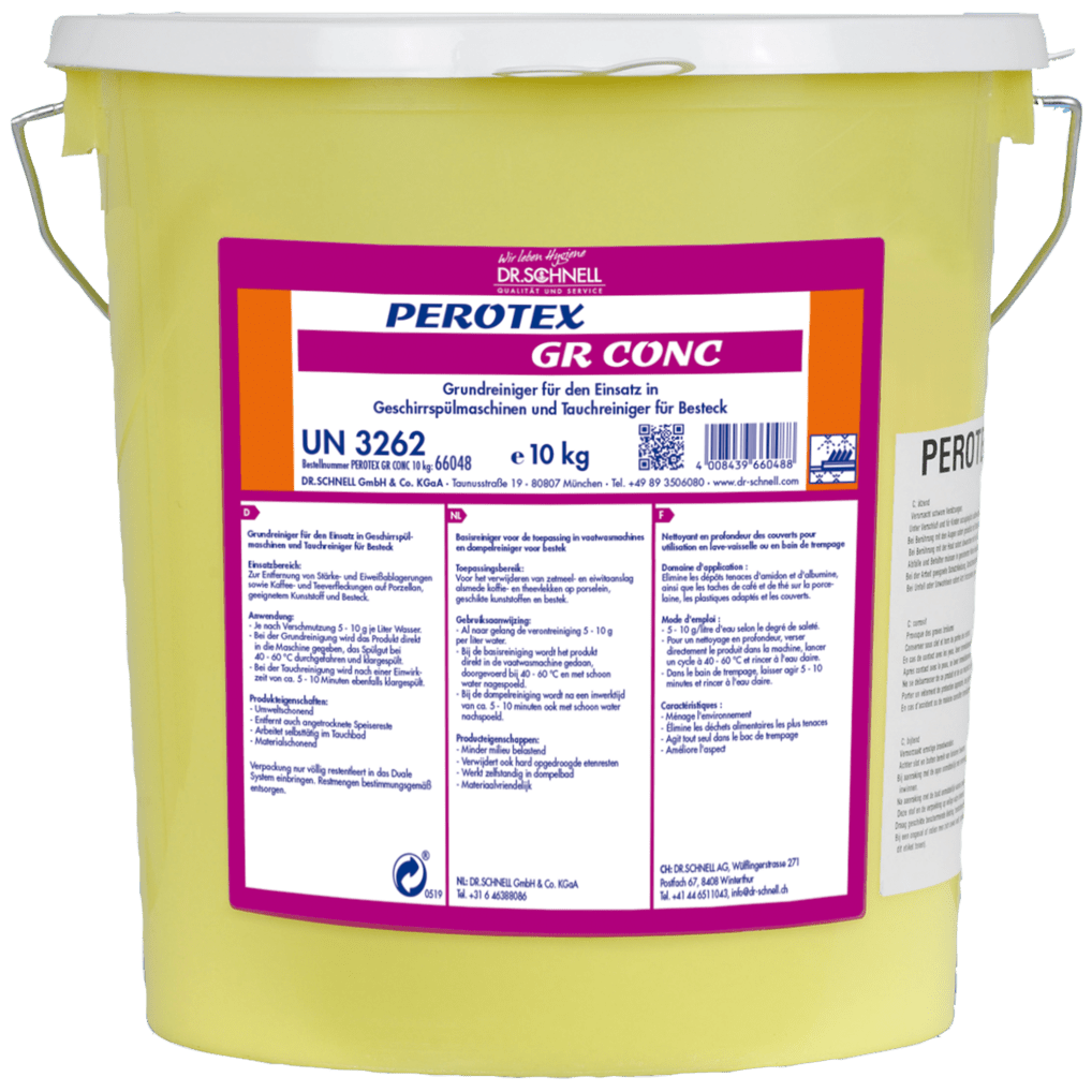 10 kg gele kunststofemmer met DR.SCHNELL PEROTEX GR CONC, een sterk alkalisch vaatwasmiddel voor commerciële vaatwassers, gelabeld in het Duits met productinformatie en barcode. Ideaal voor grootkeukens.