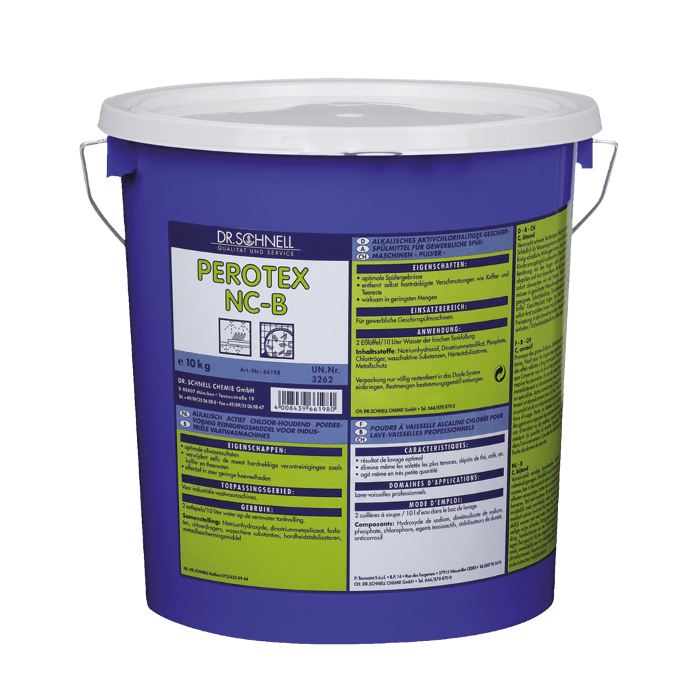 Een blauwe kunststofemmer van 10 kg met de opdruk "Dr. Schnell PEROTEX NC-B" bevat een chloorhoudend vaatwasmiddel voor professionele vaatwassers van DR.SCHNELL; het meertalige etiket bevat productinformatie, instructies en waarschuwingen.