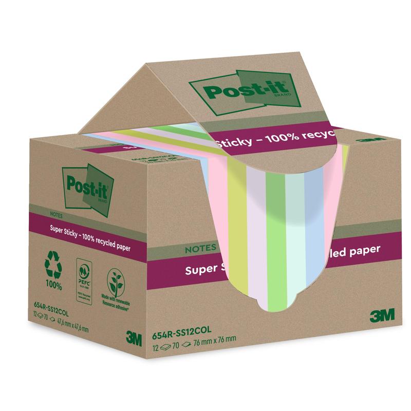 Een doos 3M Post-it® Super Sticky 100% Recycling Notes (76 mm x 76 mm, 70 vel, PEFC-gecertificeerd) in verschillende pastelkleuren, met groene en paarse geaccentueerde milieuvriendelijke verpakking.