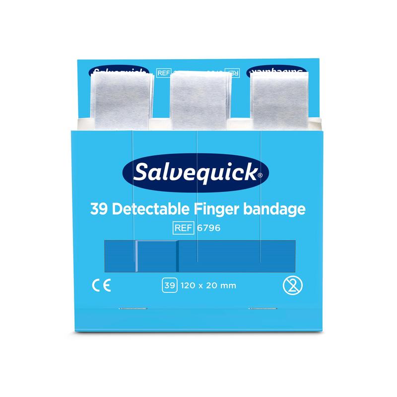 Eine blaue Schachtel mit der Aufschrift "Blaue detektierbare Fingerbandage, 120 x 20 mm, 39 st/mine" von Orkla Wound Care AB, mit drei teilweise herausgezogenen Bandagen. Auf der Schachtel befinden sich Produktinformationen einschließlich CE-Kennzeichnung und Abmessungen. Packung (6 Stück).