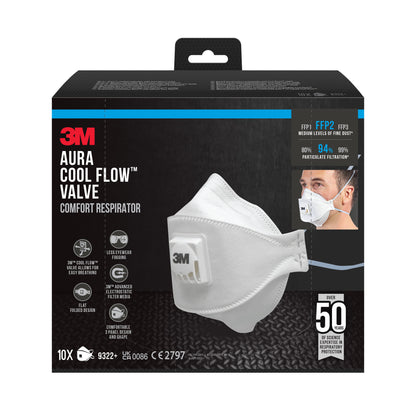 Een doos van de 3M™ Aura™ Comfort Cool Flow™ Deeltjesmasker 9322+, FFP2, met ventiel van 3M Deutschland GmbH, met afbeeldingen van het masker en de drager. De verpakking benadrukt de belangrijkste kenmerken en de FFP2-certificering.