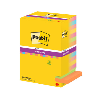 Een verpakking Post-it® Super Sticky Notes van 3M Deutschland GmbH, Verschillende kleuren, 76x127mm, 90 vel/blok, 16 blokken/verpakking, 100% PEFC. Op de verpakking zijn het Post-it-logo en de productgegevens afgebeeld.