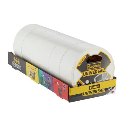 Een verpakking met zes grote rollen Scotch® Universal Klebeband 2904 (25 m x 48 mm) van 3M Deutschland GmbH in een merkdisplaydoos, die aan de zijkant is gemarkeerd met de nummers 3, 4 en 5.