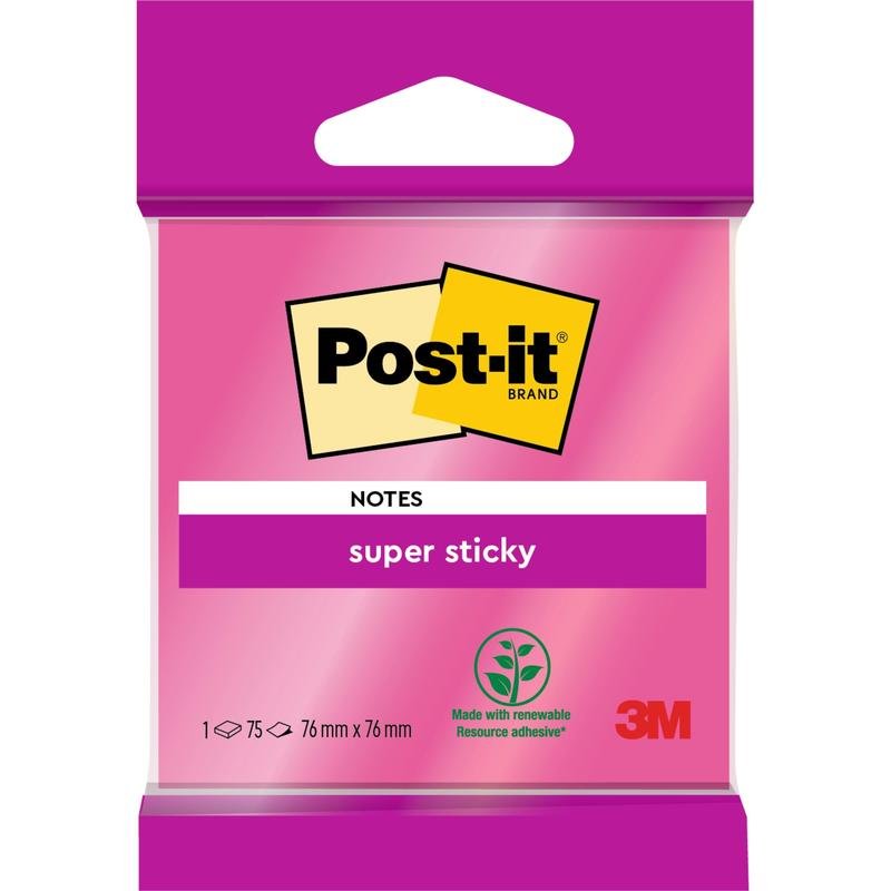 Een verpakking Post-it® Super Sticky Notes 6820S3 van 3M Deutschland GmbH, 76 x 76 mm, in neongroen, neonroze, ultrageel, ultragroen en ultraroze, 1 blok à 75 vel, extra sterke kleefkracht en 100% PEFC-gecertificeerd.