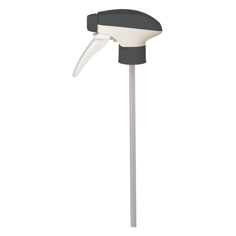 De Room Care R4 vervangingssprayer van Diversey Deutschland GmbH & Co. OHG, voor R4 meubelverzorging, heeft een zwart-witte spuitmond met een lange, doorzichtige buis. Verkocht als karton (5 verpakkingen), afgebeeld op een effen witte achtergrond.