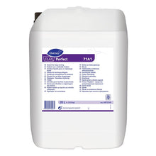 Een witte kunststofcontainer van 20 liter met het opschrift "Diversey Deutschland GmbH & Co. OHG Clax Perfect 71A1, Natuurlijke Vloeibare Stijfsel". Ideaal voor professionele textielreinigingen; het etiket bevat informatie in meerdere talen en een barcode.