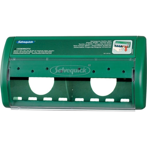 Een groene Orkla Wound Care AB Salvequick pleisterdispenser, leeg | Verpakking (1 stuk), beschikt over twee ronde openingen, een transparante deksel, gedrukte instructies rechtsboven en een zichtbaar merklogo aan de voorkant.