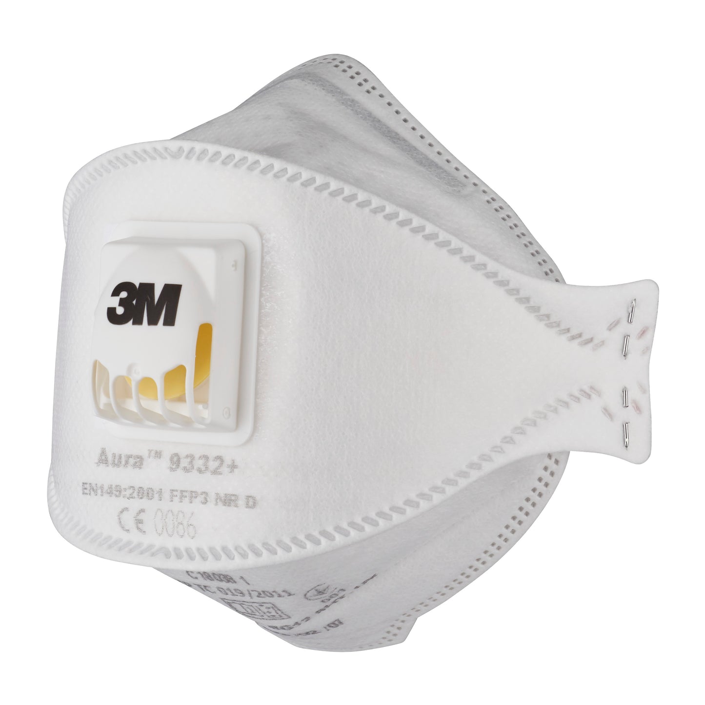 Die 3M™ Aura™ Comfort Cool Flow™ Partikelmaske 9332+, FFP3, mit Ventil von 3M Deutschland GmbH ist eine weiße Gesichtsmaske mit gelbem Ausatemventil, geformt für Nase und Mund und mit aufgedruckten Produkt- und Zertifizierungsangaben.