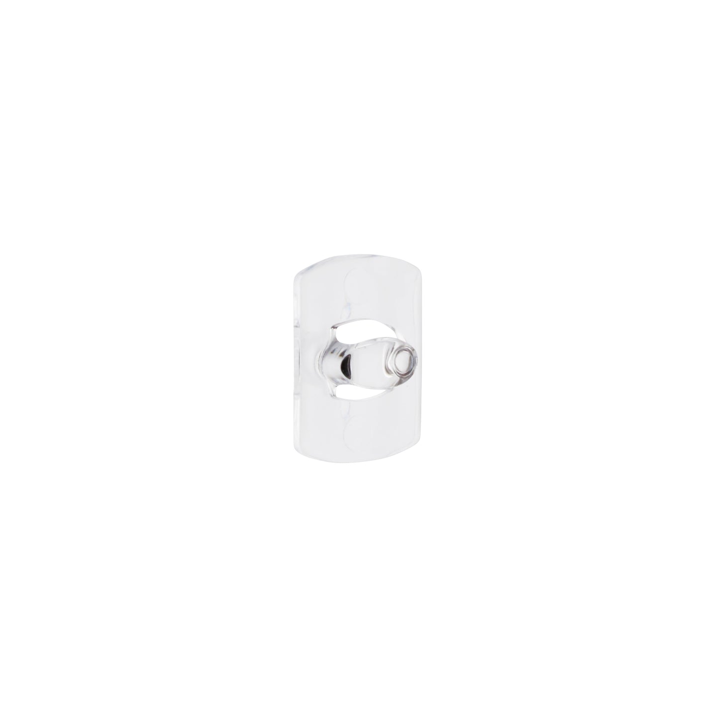 Een transparante Command™ decoratieclip van 3M Deutschland GmbH met transparante strips staat centraal op een effen witte achtergrond.