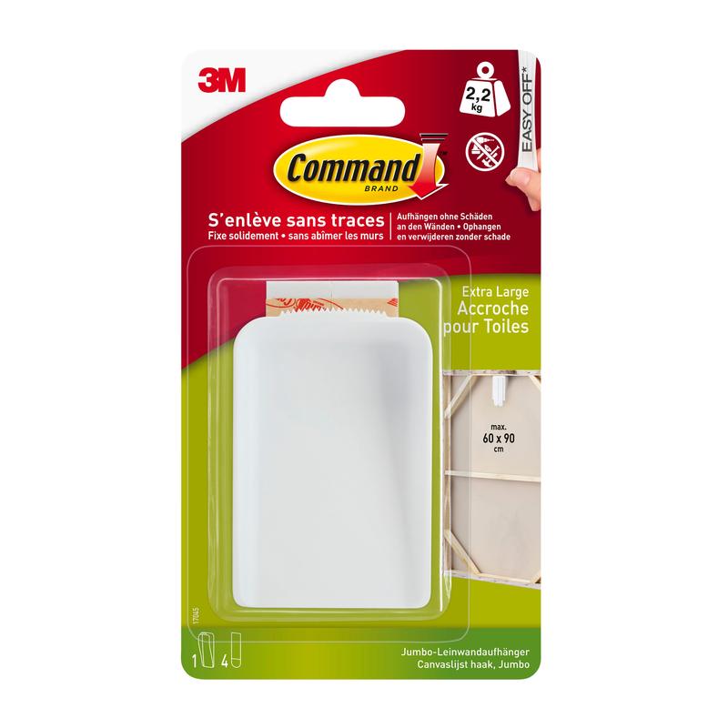 Een Command™ canvasophanger van 3M Deutschland GmbH in extra grote uitvoering wordt in zijn verpakking getoond, die een gewichtsbeperking van 2,2 kg heeft en productinformatie in het Engels en Frans presenteert.
