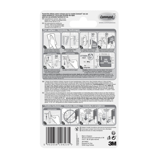 Die Command™ Strips 17021B, wasserfest (Größe M, 10/Packung) von 3M Deutschland GmbH verfügen über illustrierte Anwendungshinweise, Sicherheitshinweise, mehrsprachigen Text, Barcode und das 3M-Logo-ideal zur Befestigung ohne Bohren im Badezimmer.