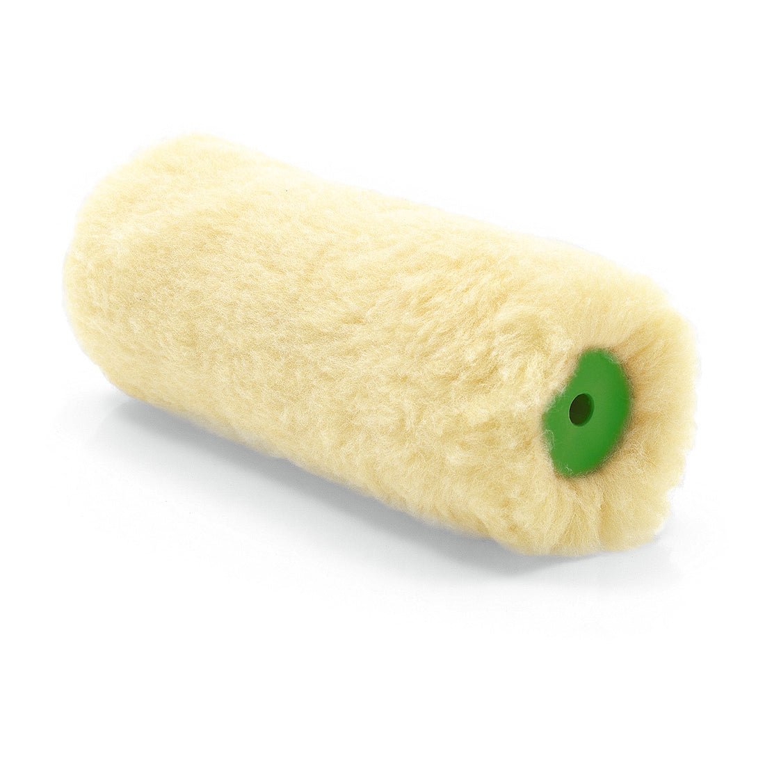 Close-up van een Nölle Profi Brush Universalroller Vestan 18 cm, 22 mm poolhoogte (1 stuk) van Nölle Profi Brush Borstel- & Pinseltechniek e.K., met groene kunststofkern, afgebeeld op een witte ondergrond.