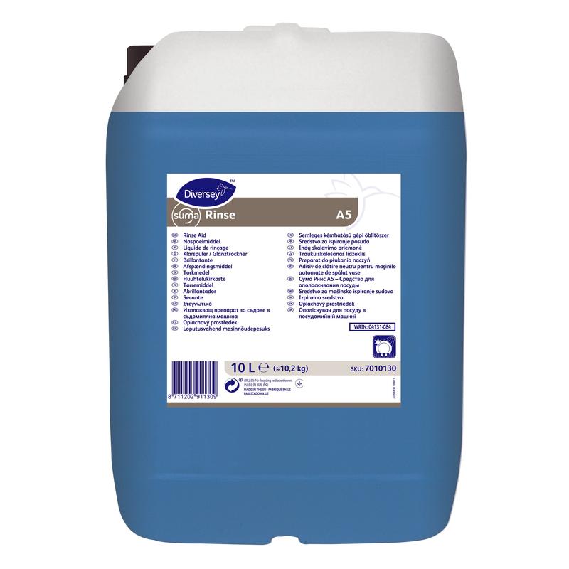 Een blauwe 10-liter kunststofcontainer met witte deksel en het opschrift 'Suma Rinse A5 – Neutrale Naspelmiddel' van Diversey Deutschland GmbH & Co. OHG bevat productinformatie, instructies en een barcode voor streeploze resultaten en ter voorkoming van kalkaanslag.