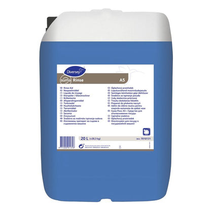 Een 20-liter container van blauw kunststof met Suma Rinse A5 – Neutrale Naspelmiddel van Diversey Deutschland GmbH & Co. OHG, met een witte deksel en een meertalige etiket voor streeploze resultaten en verminderde kalkaanslag.