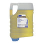 Een 4-liter cartridge Diversey Suma Unison Brite A1 Zure Glansspoelmiddel, met ingebouwde handgreep en gele vloeistof, met blauw-wit etiket dat de formule voor streeploze resultaten beschrijft - ideaal voor de horeca.